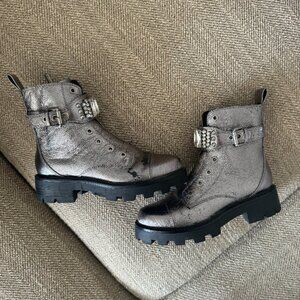 Karl Lagerfeld Metallic Leather Combat Boots w/ Crystal Buckle – Size 6.5/37 Edg